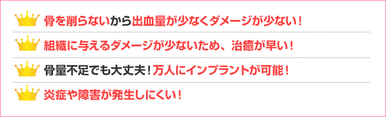 骨を削らないから出血量が少なくダメージが少ない！
組織に与えるダメージが少ないため、治癒が早い！
骨量不足でも大丈夫！万人にインプラントが可能！
炎症や障害が発生しにくい！ 